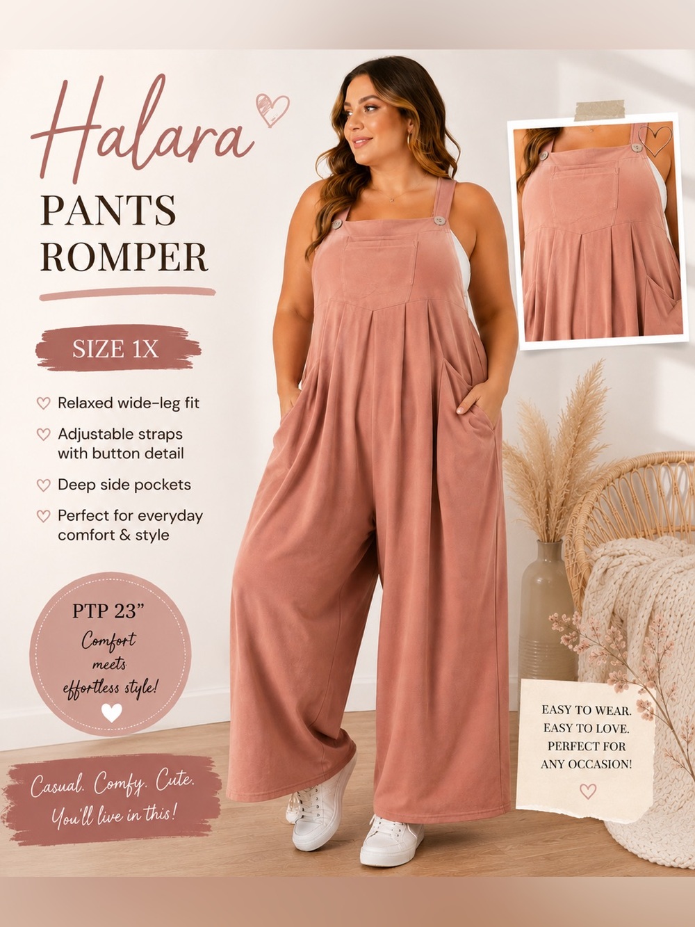 HALARA Dusty Rose Wide-Leg Romper with Adjustable Straps